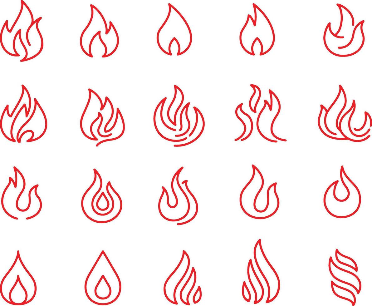 Thin line icon set of fire flame heat burn hot flaming campfire. Pixel perfect icons, editable stroke. vector