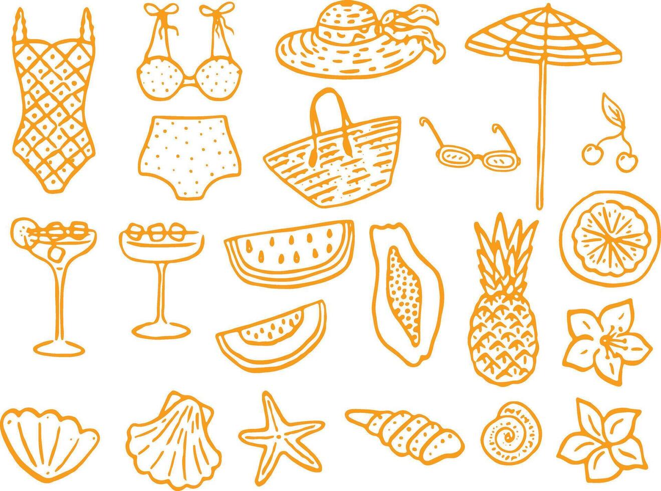 Hand drawn icon set of summer, bikini, beach, sun, fruits, seashells, cocktail, ice cream. Isolated on transparent background. vector