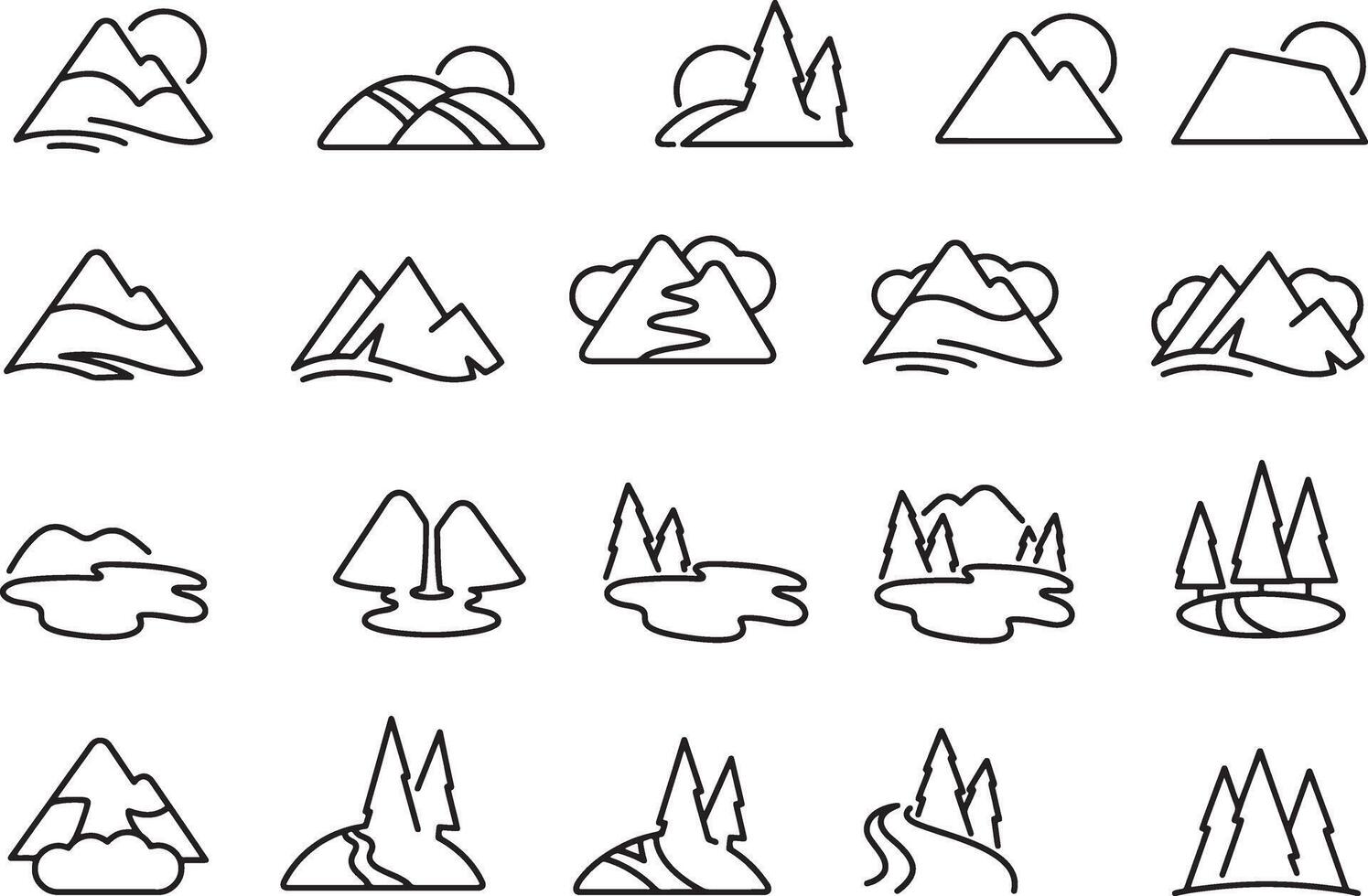 Thin line icon set of mountain, landscape, peaks, hill, icon, nature, scenery, outdoors. Pixel perfect icons, editable stroke vector