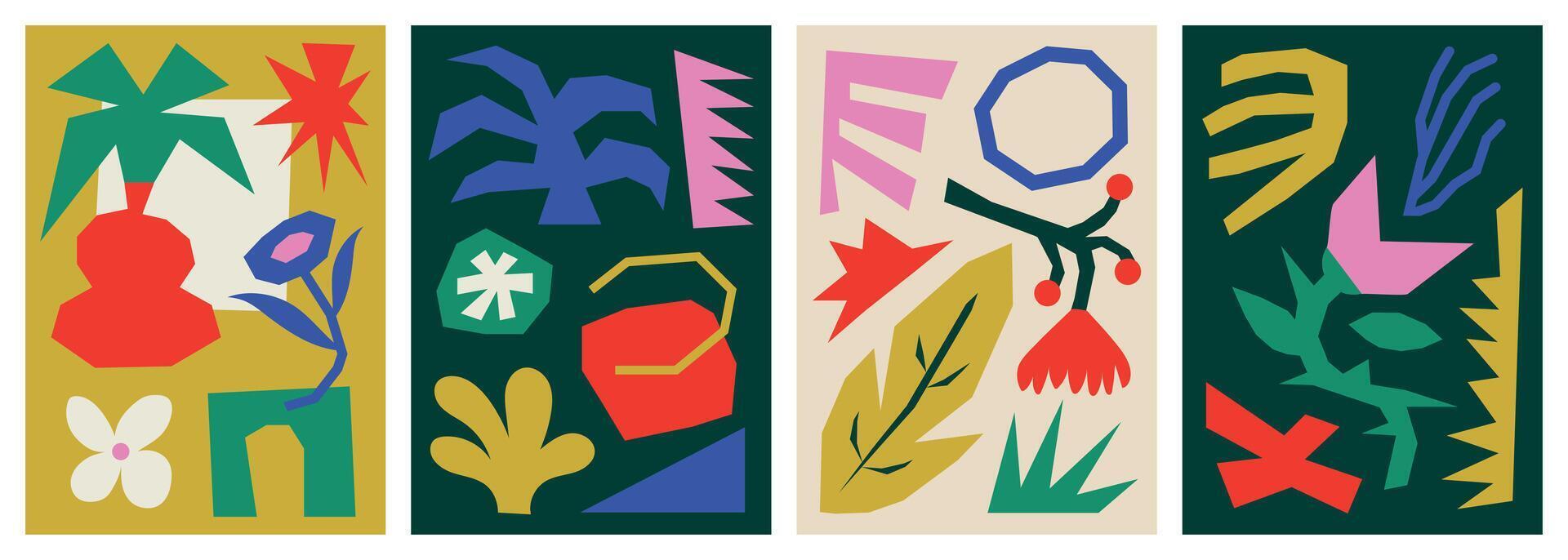 Naive wall art with hand drawn shapes and floral elements vector