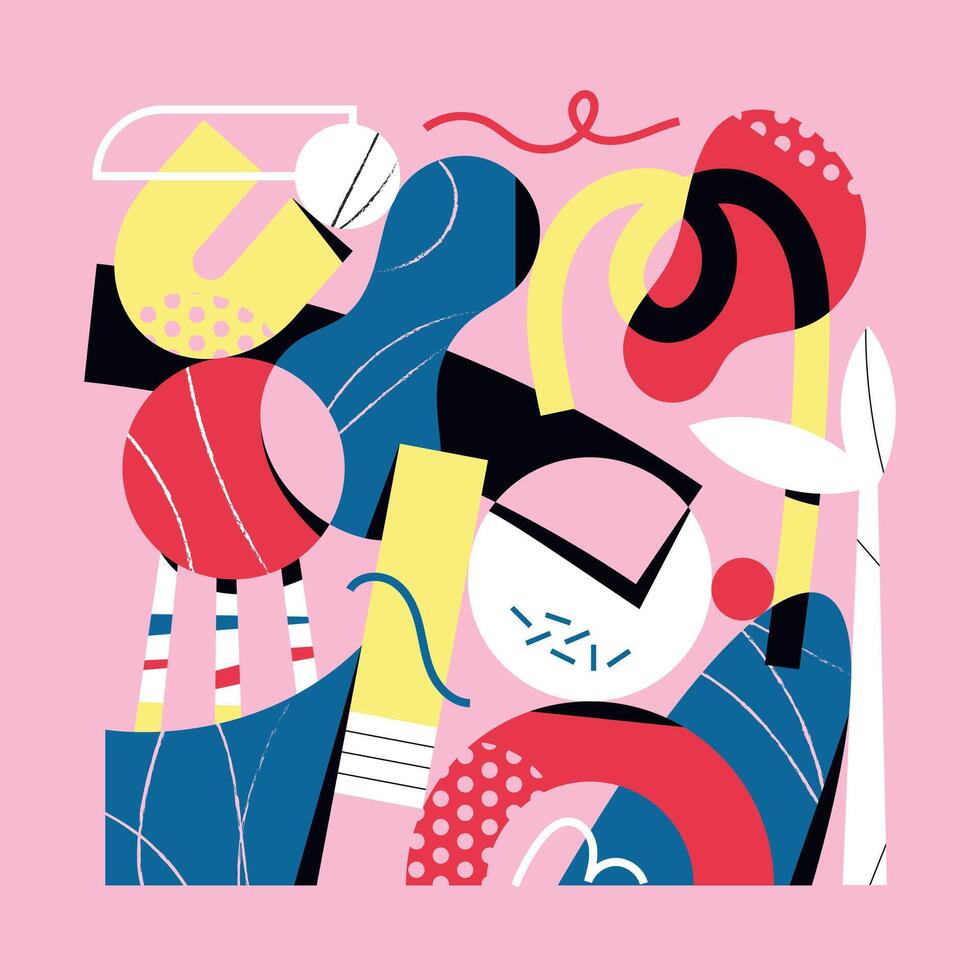 Playful composition of abstract and colorful shapes on pink background vector