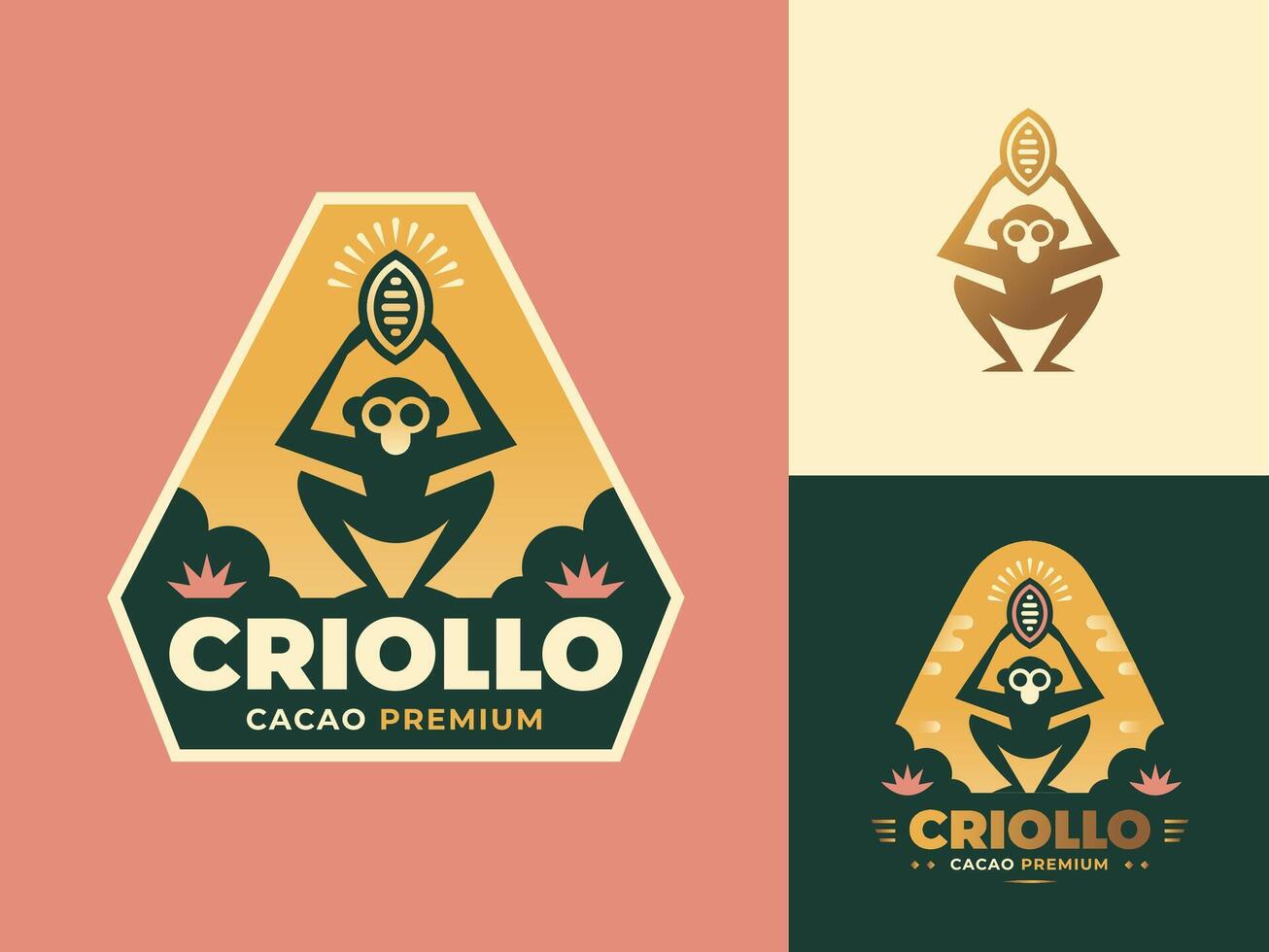 logos for a cocoa or coffee brand with a monkey holding a bean vector
