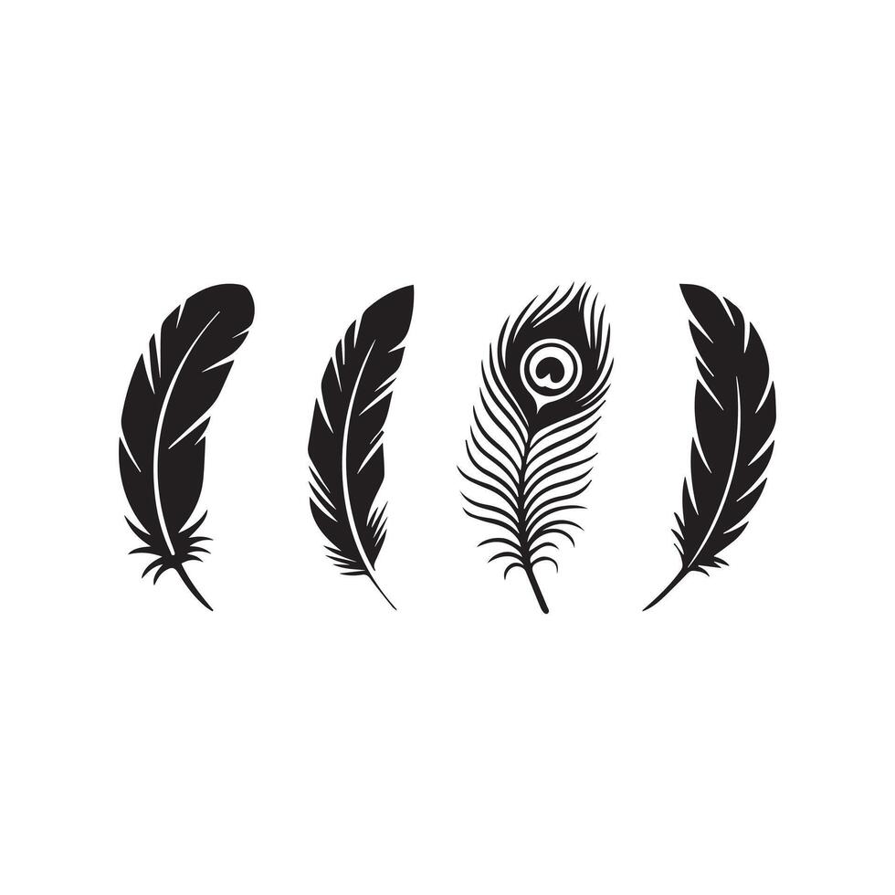 Black Feather Silhouette Collection Isolated on White Background vector