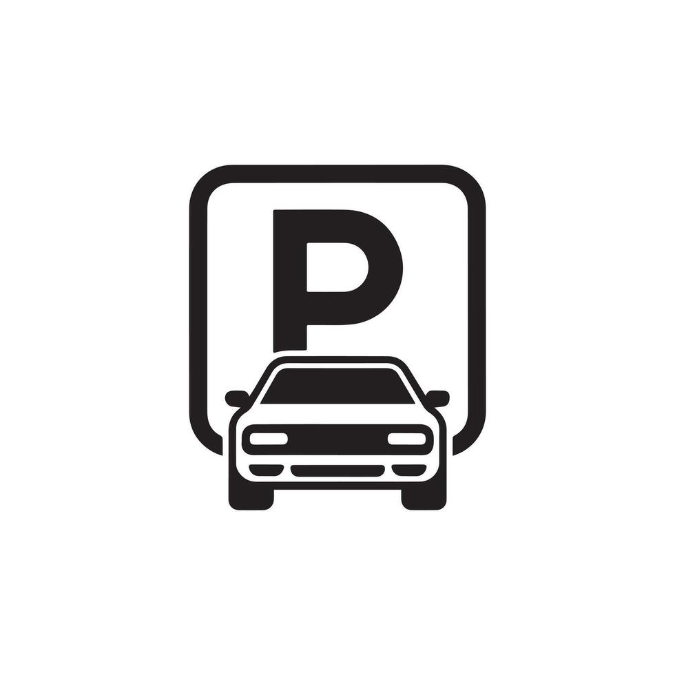 Parking Sign Icon with Car Front View Illustration on White Background vector