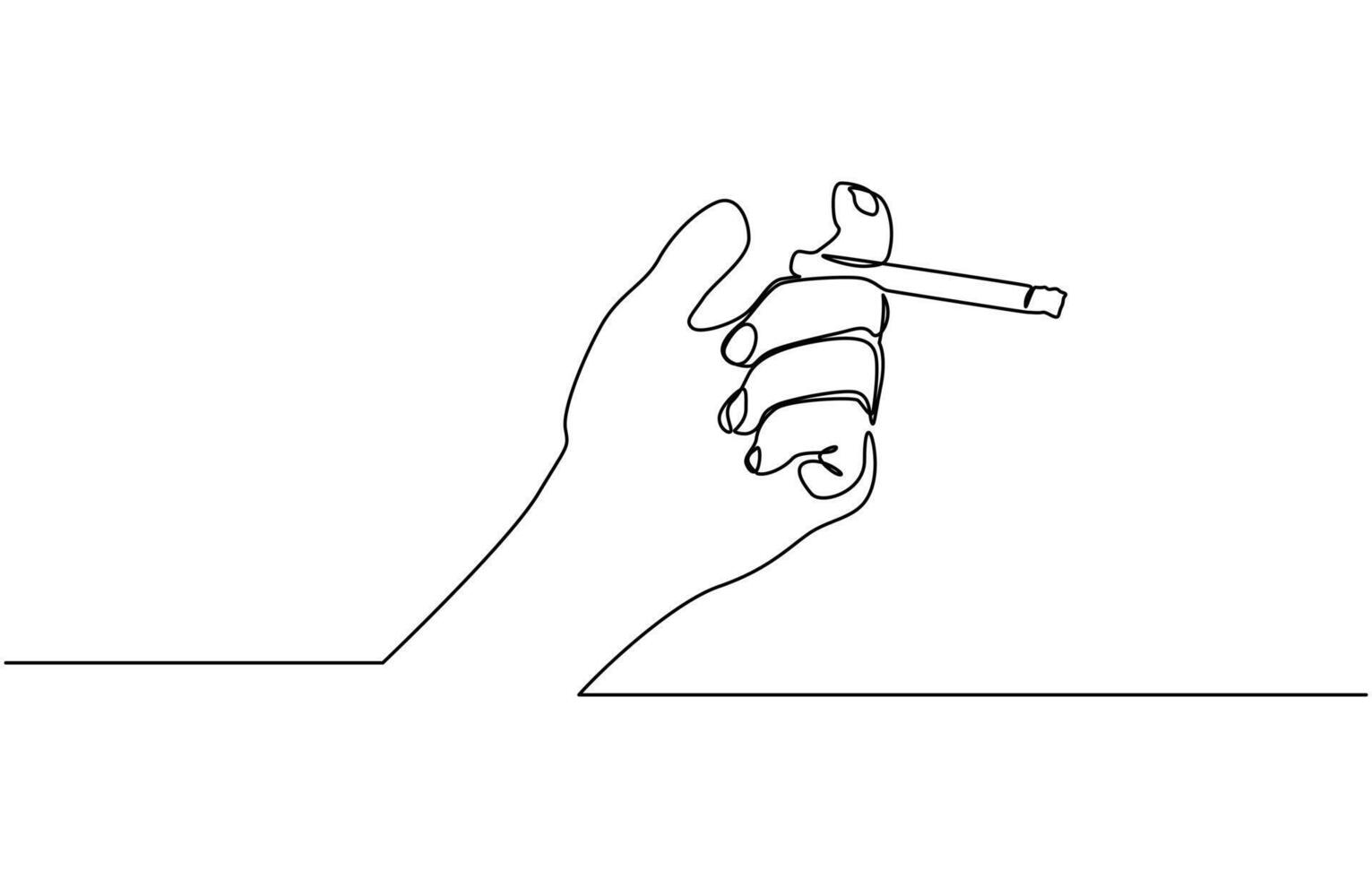 Minimalist single line drawing depicting a human hand holding a cigarette with smoke. Single one line drawing hand hold tobacco cigarette. No tobacco day concept vector