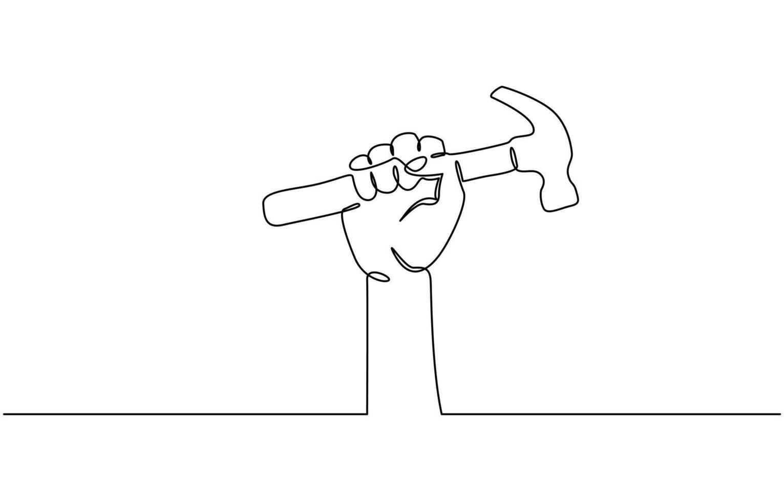 Continuous single line drawing of hand holding hammer line art illustration, One line of hammer. Carpentry concept continuous line art. vector