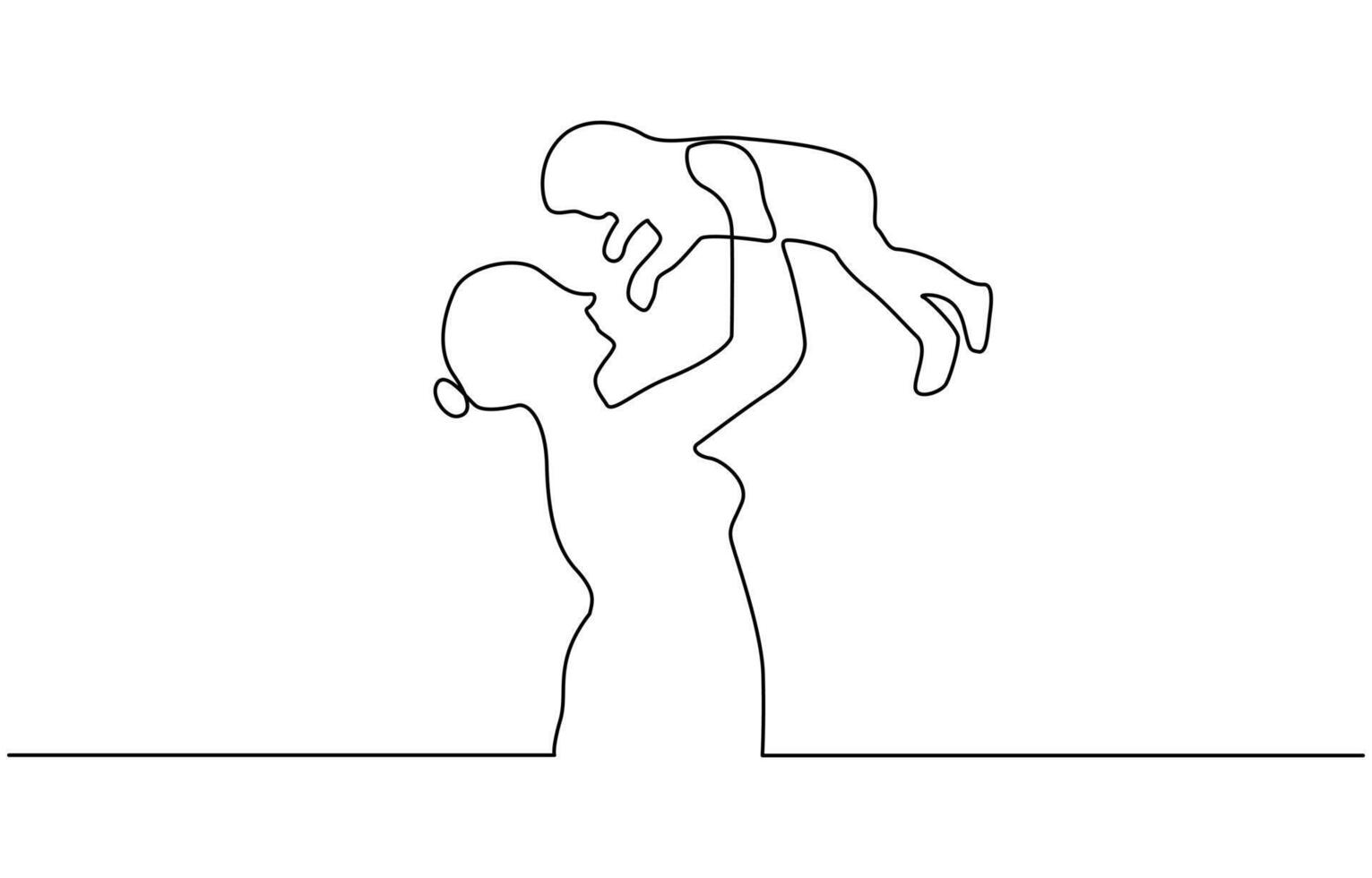 Happy mom with her little son in continuous line art drawing style. Mother holding her male child up in the air. Black linear sketch isolated on white background vector