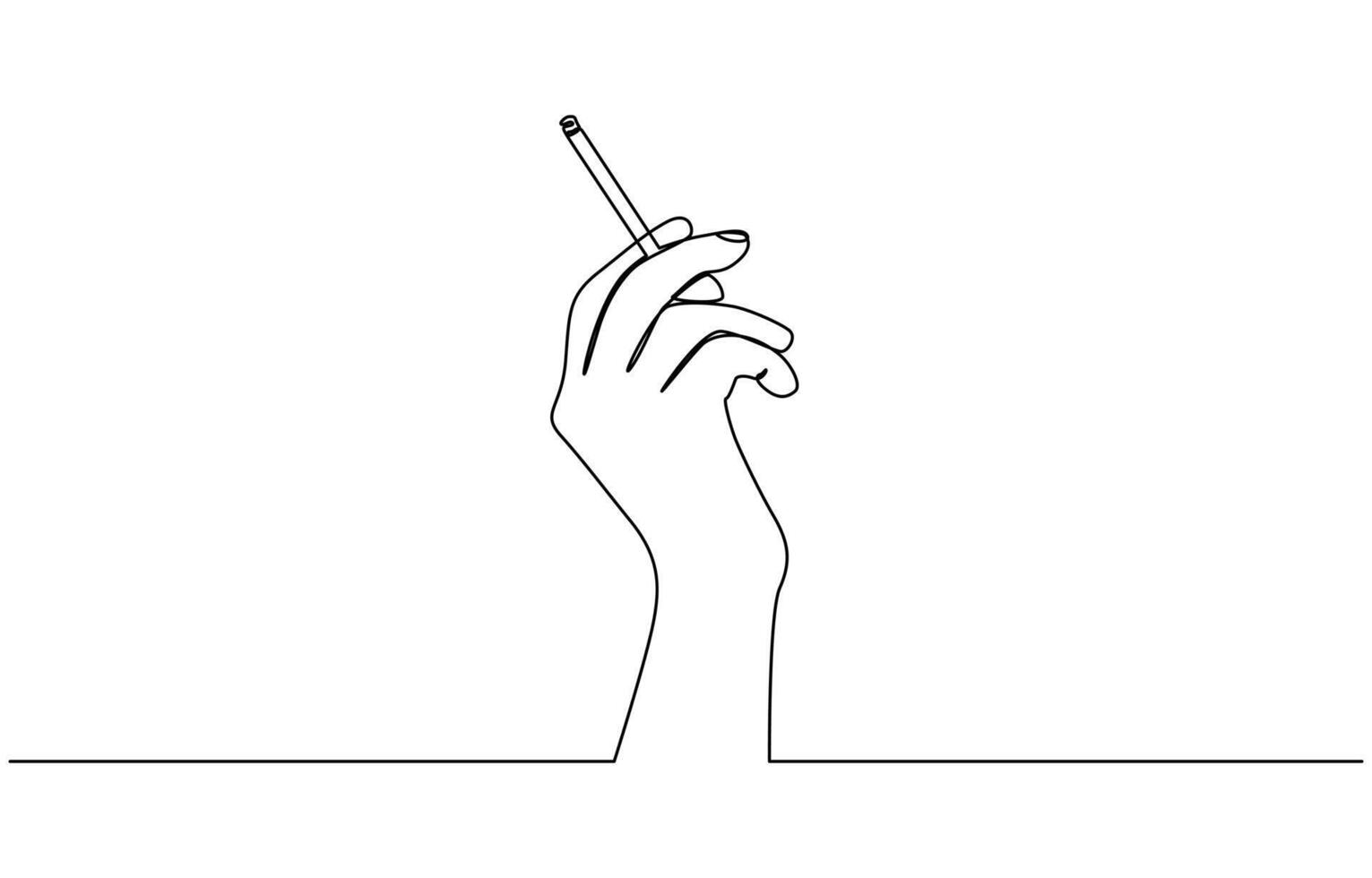 Minimalist single line drawing depicting a human hand holding a cigarette with smoke. Single one line drawing hand hold tobacco cigarette. No tobacco day concept. vector