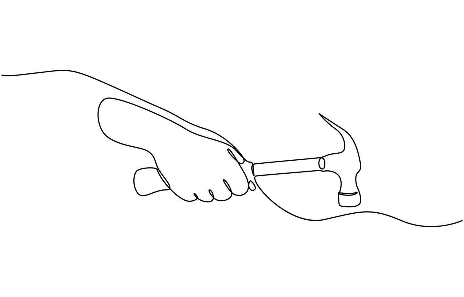 Continuous single line drawing of hand holding hammer line art illustration, One line of hammer. Carpentry concept continuous line art. Editable stroke. vector