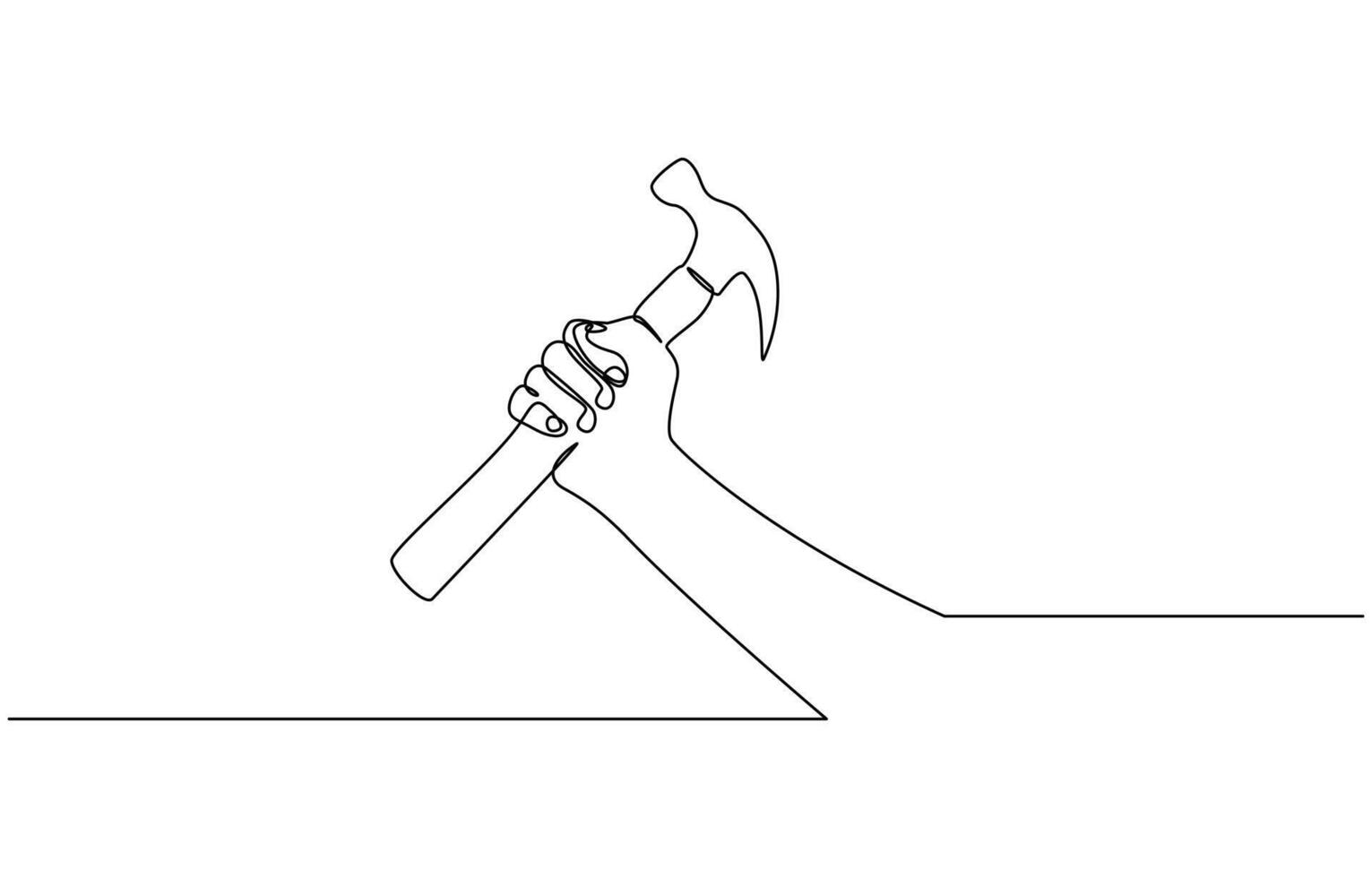 Continuous single line drawing of hand holding hammer line art illustration, One line of hammer. Carpentry concept continuous line art. Editable stroke vector