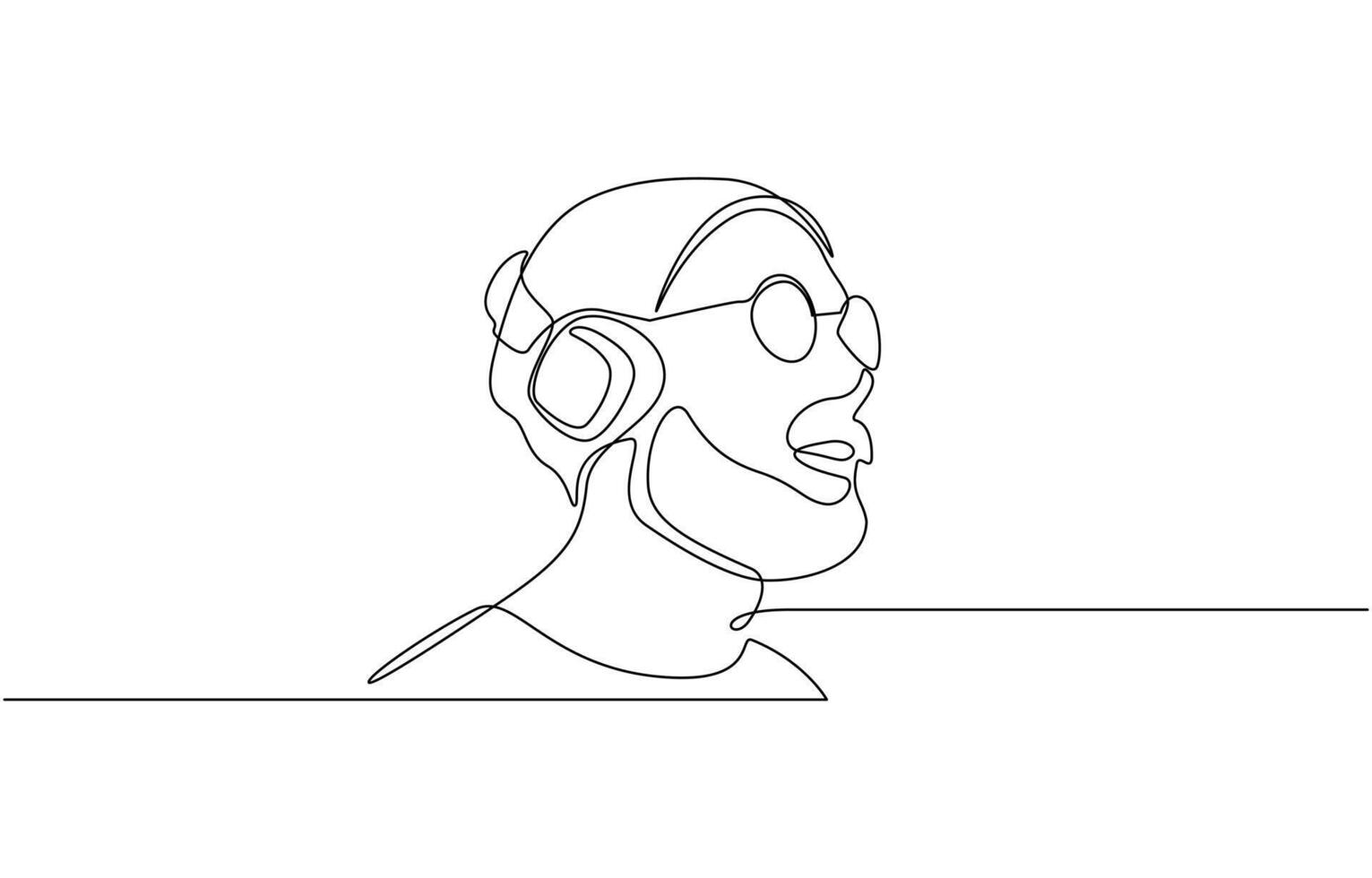 Single one line drawing man wearing headphones, Continuous one line drawing of happy man. Man listening music on headphones or earphones illustration. Editable stroke vector