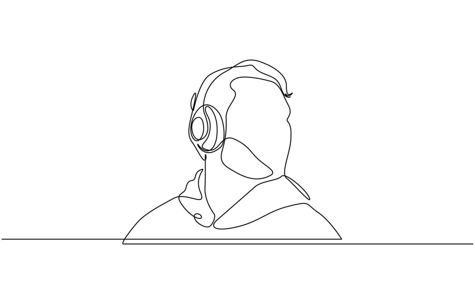 Single one line drawing man wearing headphones, Continuous one line drawing of happy man. Man listening music on headphones or earphones illustration. Editable outline. vector