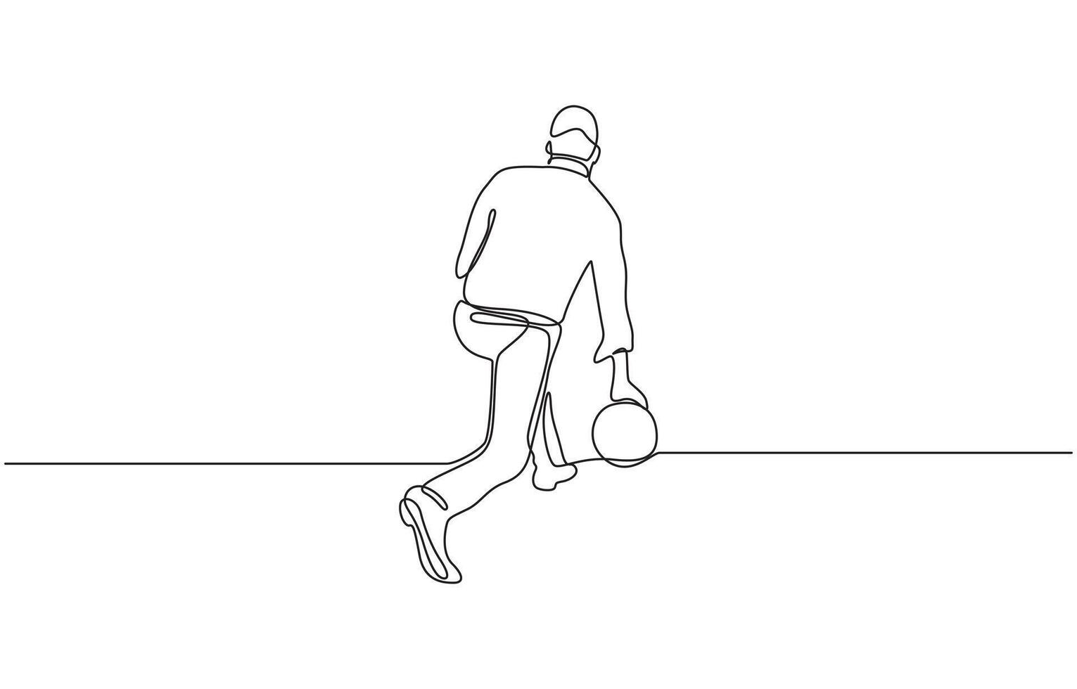 Person throwing a bowling ball to make a strike continuous one line drawing, Single continuous line drawing of young happy bowling player man throw bowling ball to hit pins. vector