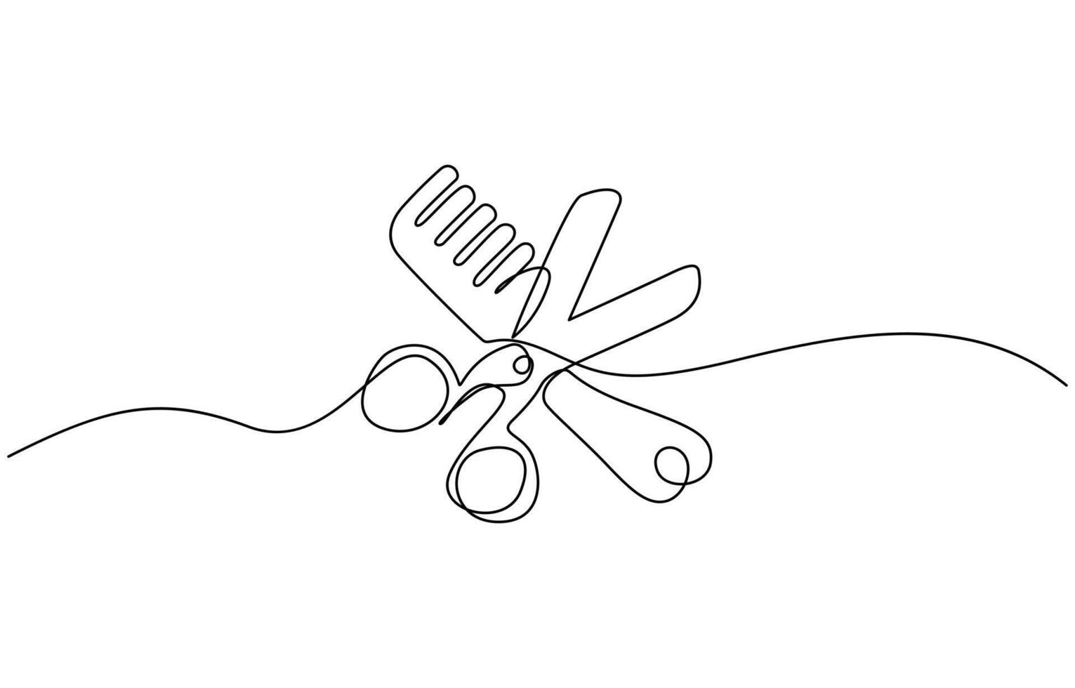 Scissor and comb continuous one line drawing illustration, Set of scissors and comb one line continuous drawing, outline design illustration. vector