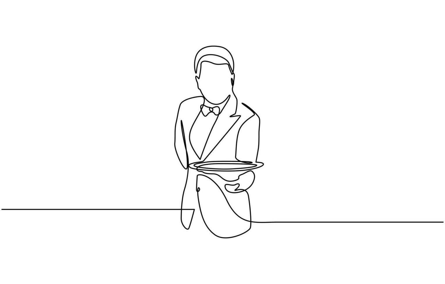 Continuous line drawing of waiters man holding order glass wine on the tray for customer. Minimalism concept one line draw graphic design illustration vector