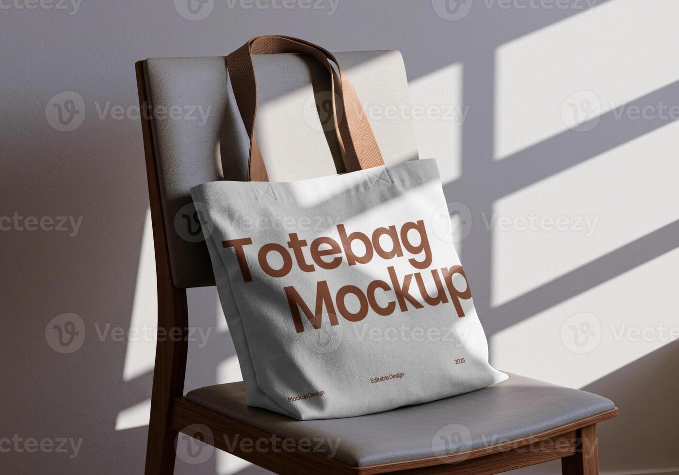 Stylist tote bag mockup on chair under sunlight side view photo