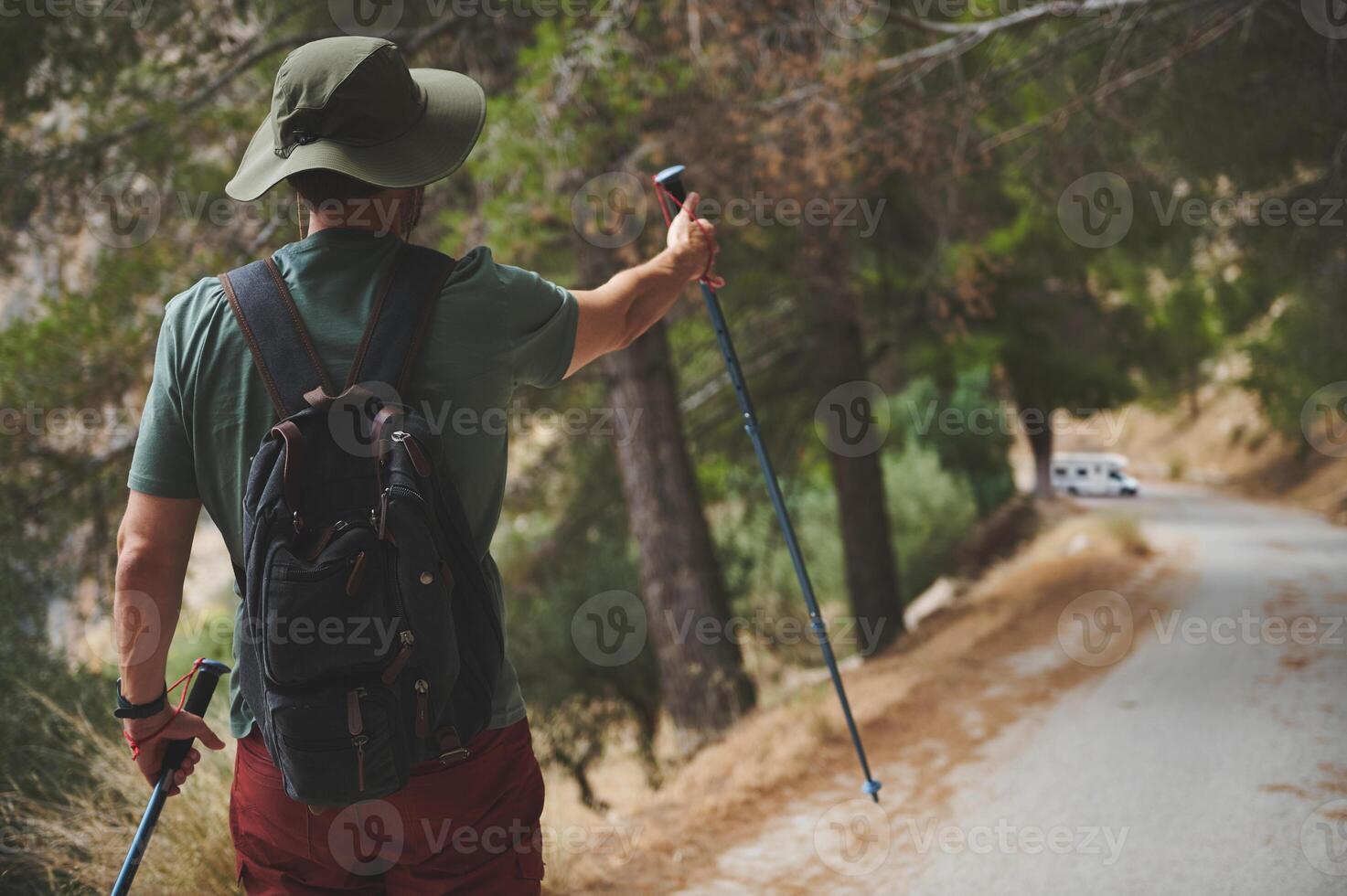 Man Hiking in Forested Mountains with Backpack and Trekking Poles photo