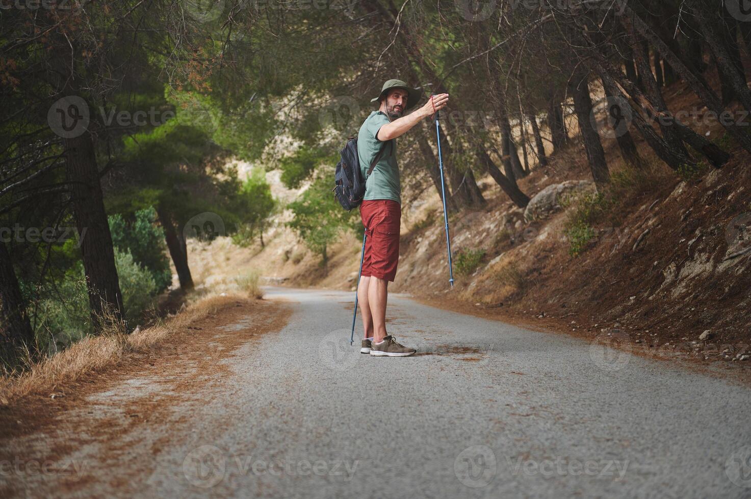Hiker Strolling Along Forest Path in Serene Mountain Landscape photo