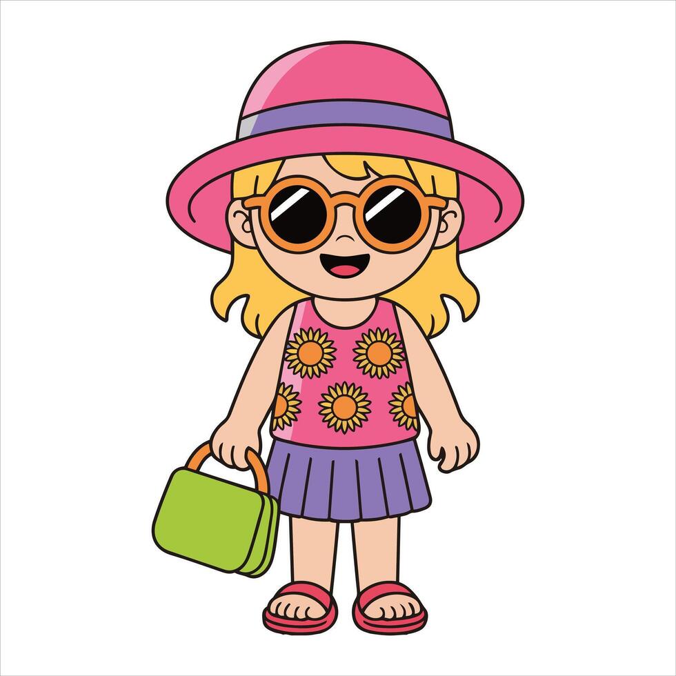 Happy girl in summer outfit with sunglasses and hat vector