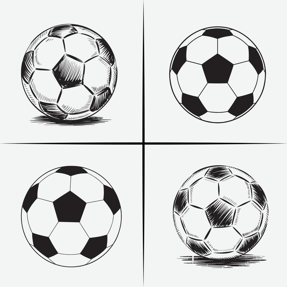 Hand-Drawn Sketch of Four Soccer Balls in Different Views, Black and White Sports Design vector