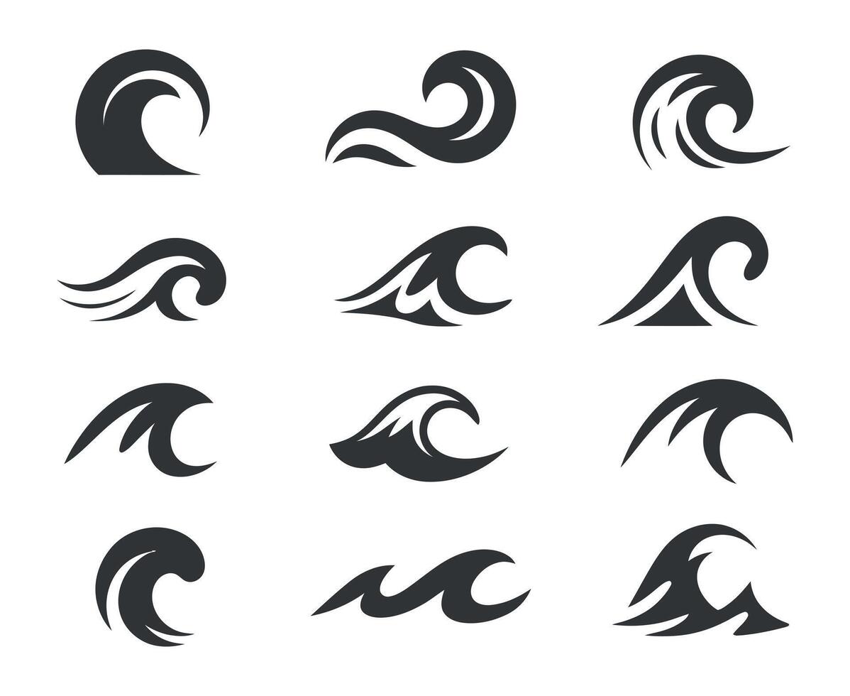 Set of Twelve Abstract Wave Icons with Different Shapes and Styles in Dark Gray Color Isolated on a White Background Illustration vector