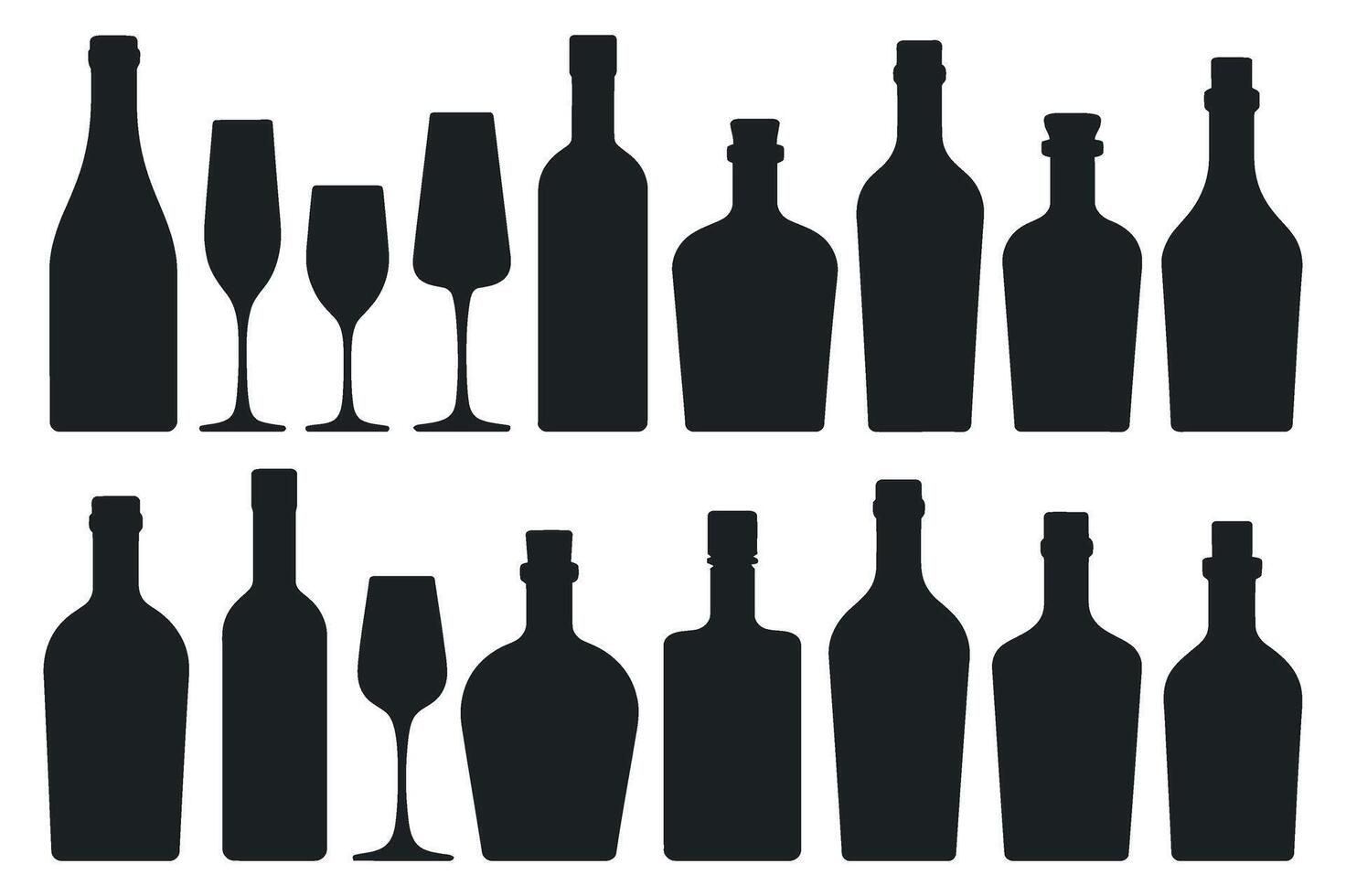 Collection of Wine and Liquor Bottle Silhouettes with Glasses for Bar or Restaurant Branding and Design Elements on White vector