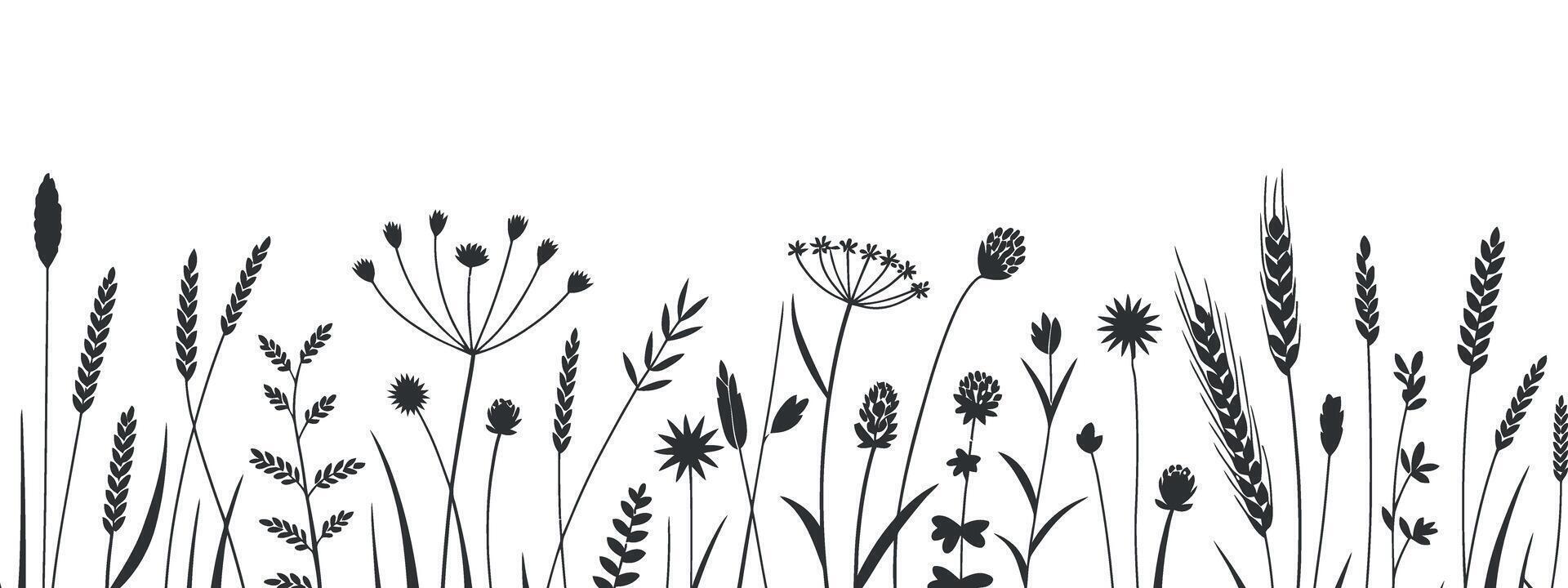 Elegant Silhouette Illustration of Wildflowers and Grasses on White Background Perfect for Nature Inspired Designs and Botanical Themed Projects and Creative Compositions vector