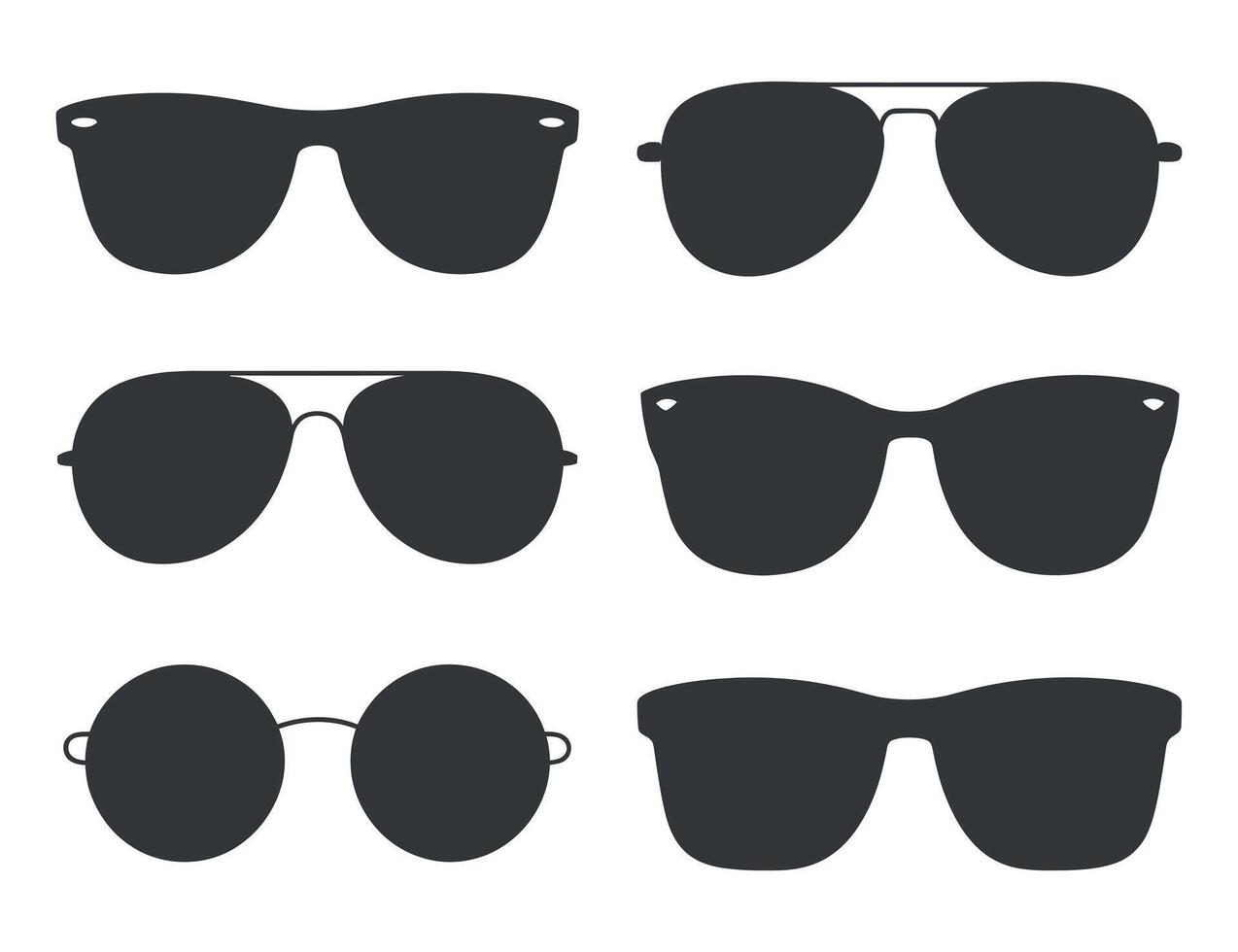 Collection of Six Different Styles of Sunglasses in Dark Gray Silhouette on a White Background Representing Fashion and Summer Eye Protection vector