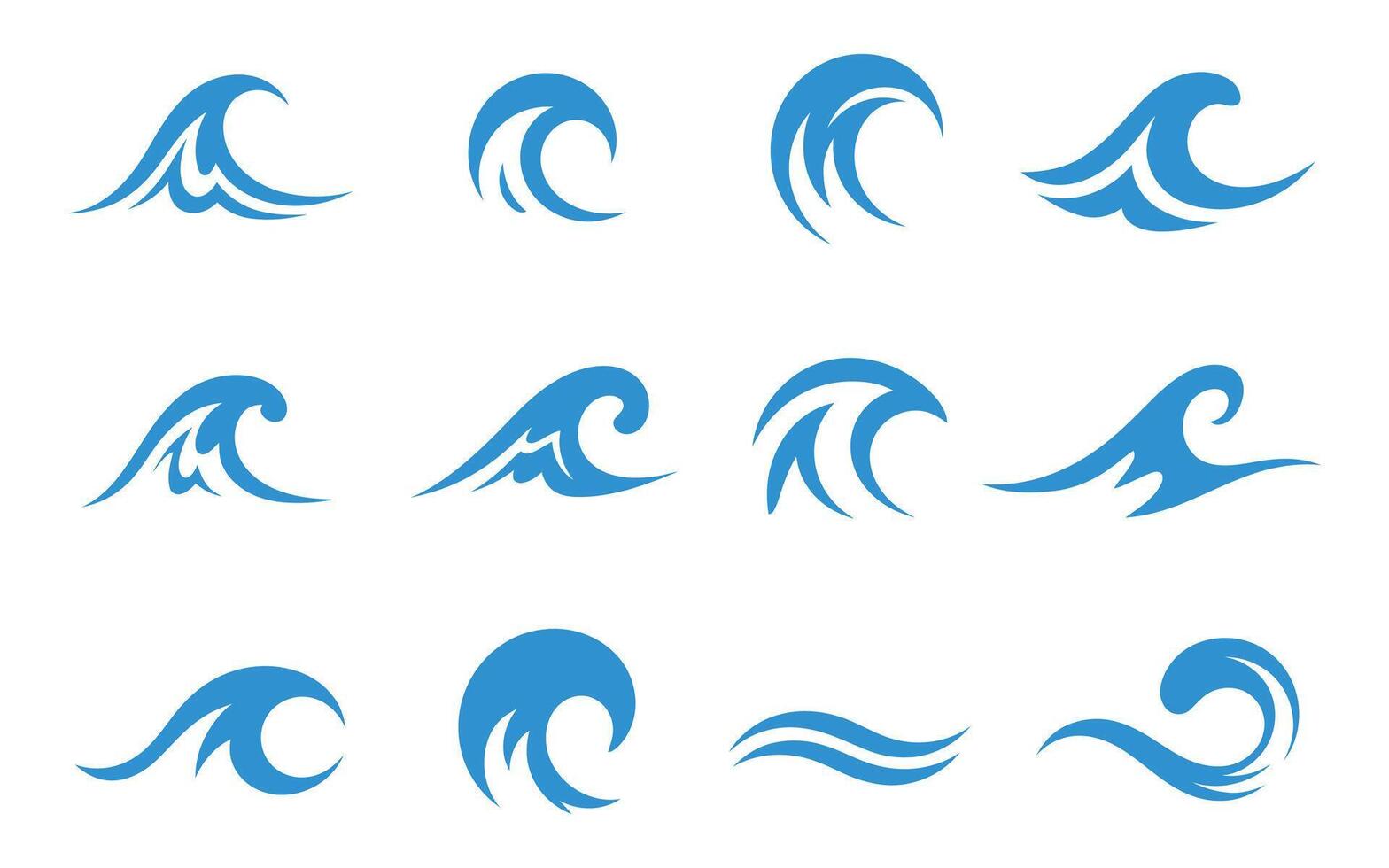 Collection of Twelve Blue Water Wave Icons on a White Background Representing Ocean Sea Surfing and Nautical Themes in a Clean and Minimalist vector