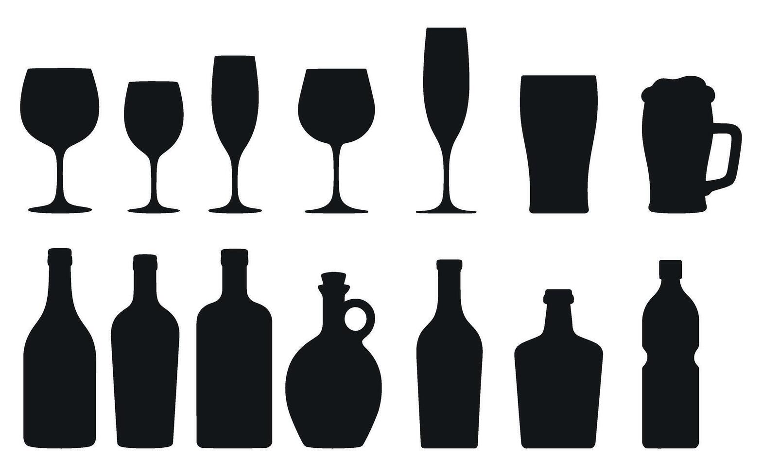 Collection of Black Silhouette Wine Glasses Champagne Flutes Beer Glasses and Bottles Perfect for Bar Restaurant or Party Invitations and Graphic Design Projects vector