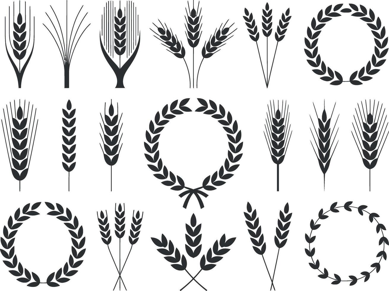 Collection of Wheat and Laurel Wreath Silhouettes in Black and White Representing Agriculture Harvest and Symbolism of Victory and Achievement vector