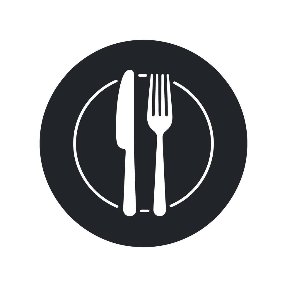 Simple black and white dinner plate with knife and fork graphic design vector