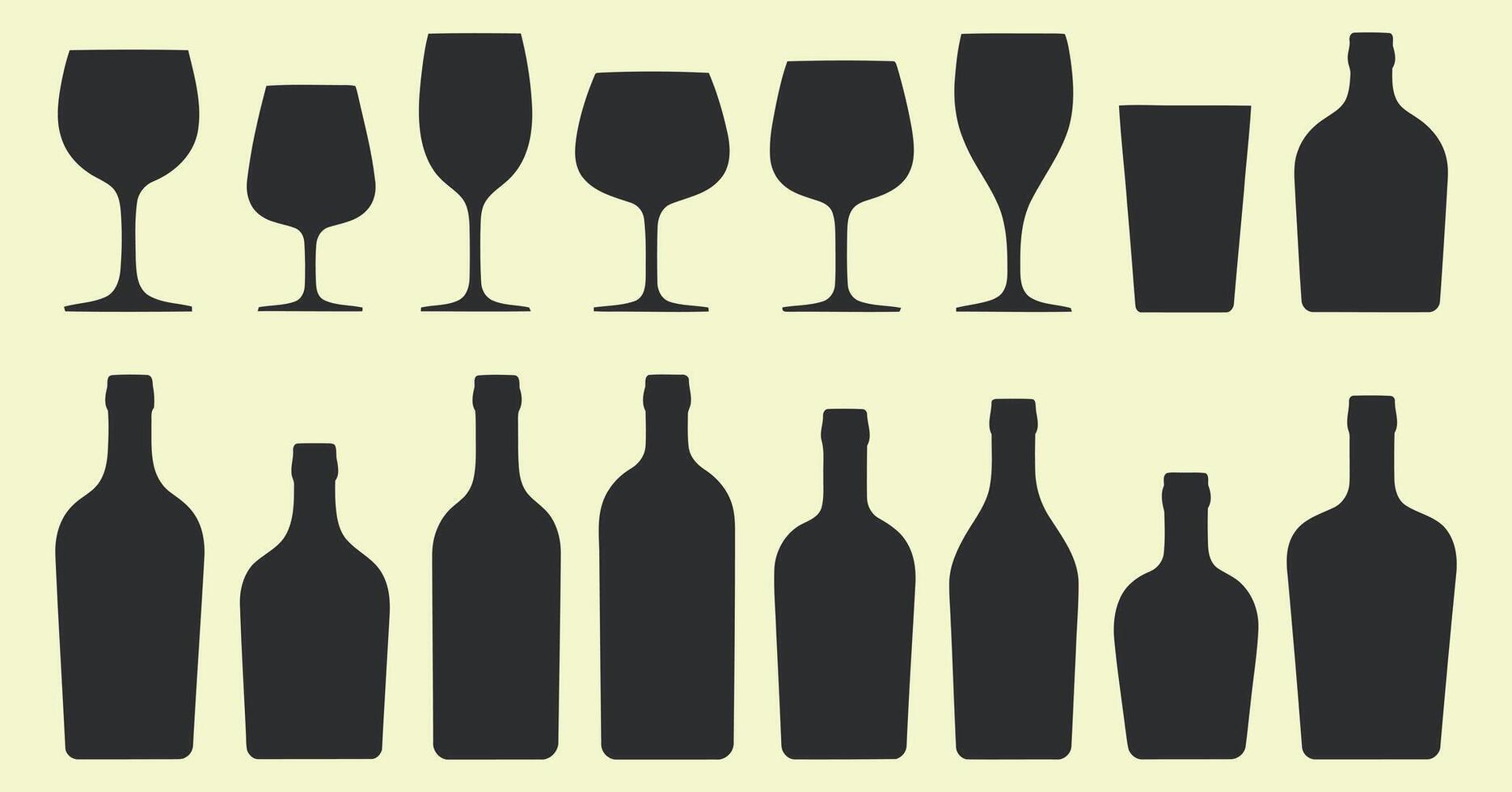 Silhouettes of Various Wine Bottles and Glasses on a Light Yellow Background in a Illustration Style vector