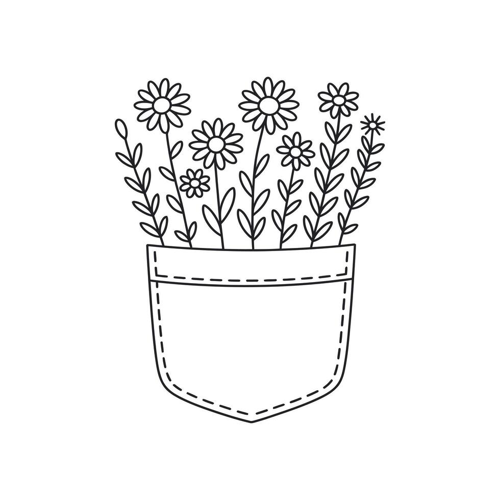 Cute outline drawing of flowers in a pocket vector