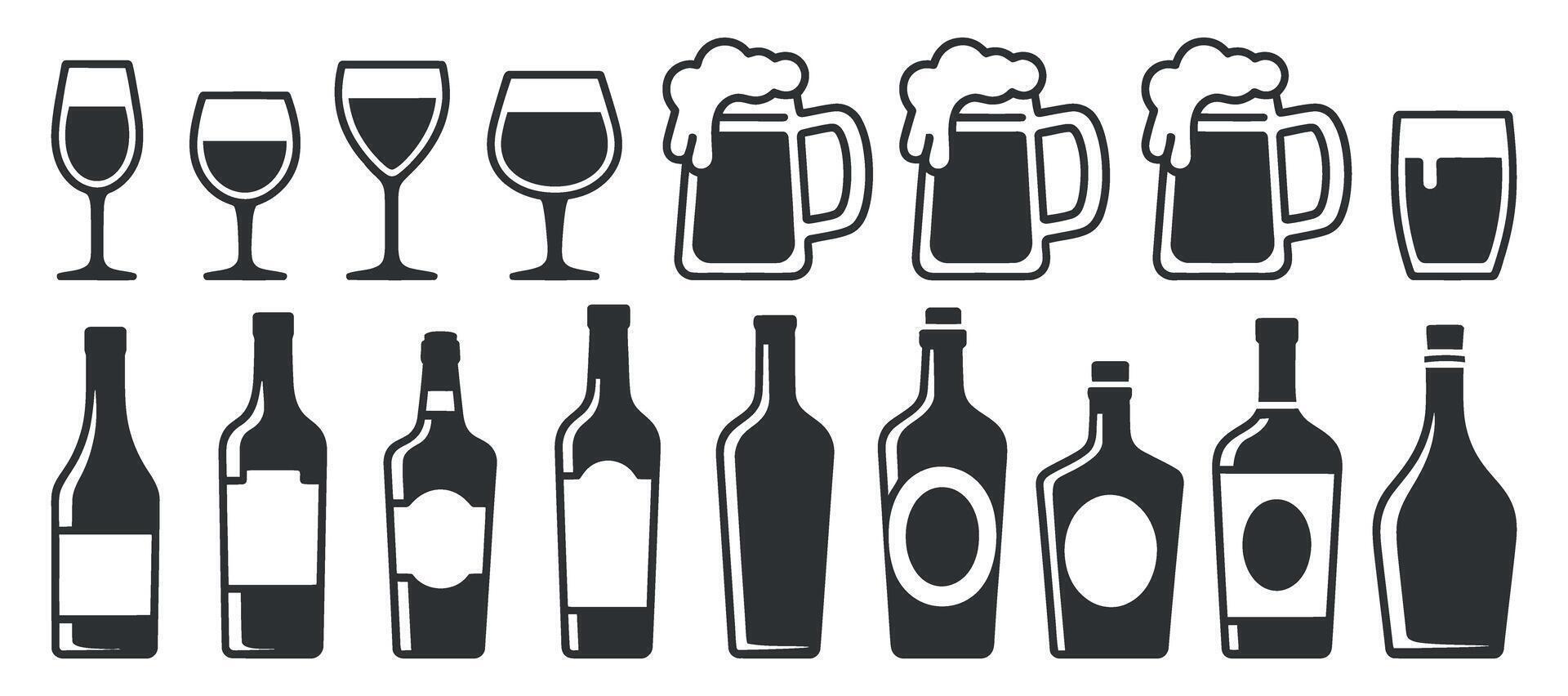 Set of Black Silhouette Alcohol Drinks Icons Wine Glasses Beer Mugs and Bottles Illustration on White Background for Menu or Bar Design vector