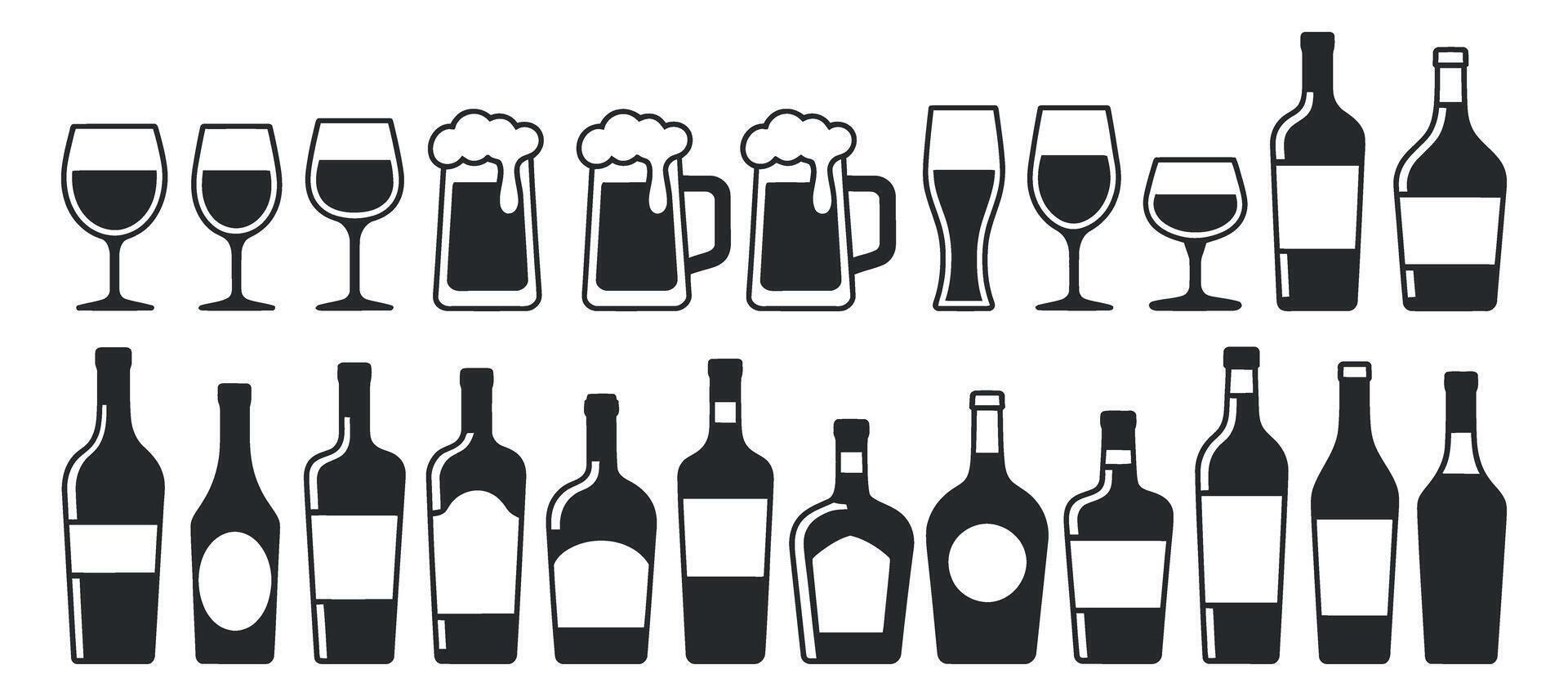 Collection of Black and White Wine Bottles Beer Mugs and Wine Glasses in a Row on a White Background vector