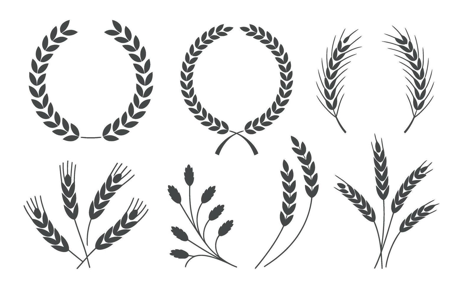 Elegant Wheat and Laurel Wreath Set for Organic Food Agriculture and Natural Product Designs on White Background vector