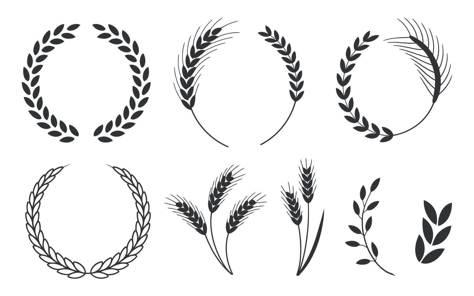Collection of Wheat and Laurel Wreath Illustrations in Black Silhouette Style on White Background for Logos Awards and Agricultural Designs and Decorations vector