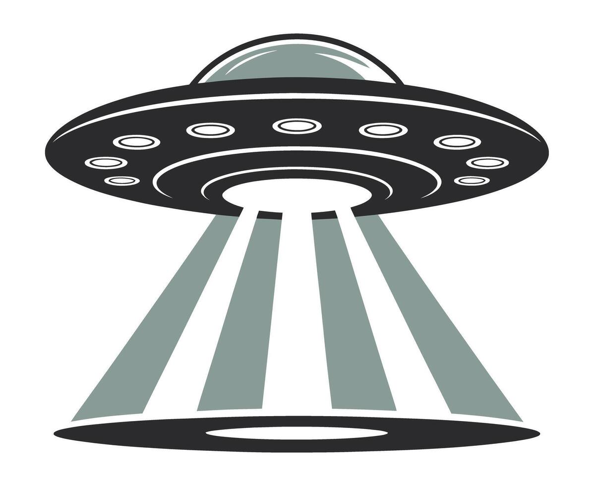 Simple black and gray illustration of a flying saucer with light beams vector