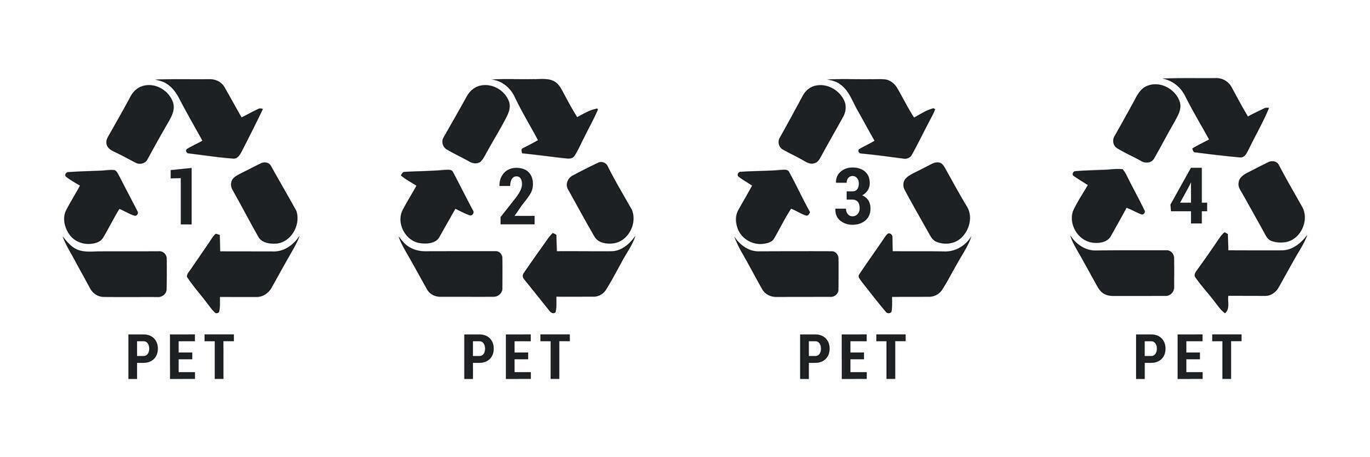 Four Recycling Symbols for PET Plastic with Numbers 1 2 3 and 4 vector