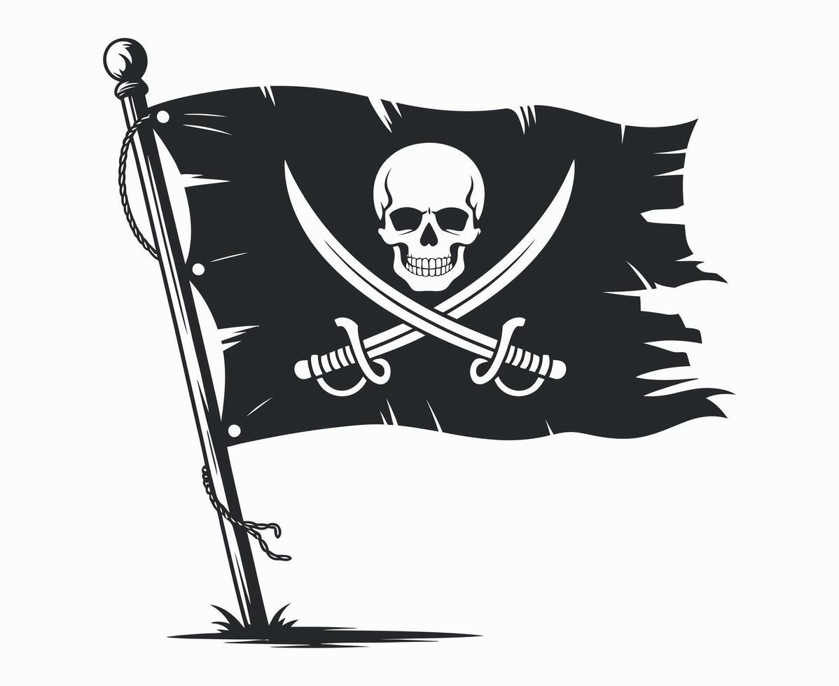 Vintage Black Pirate Flag with Skull and Crossed Sabers vector