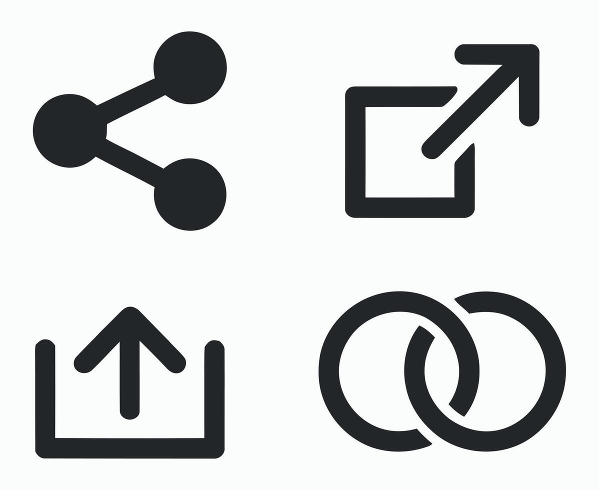 Set of four simple black and white web icons for sharing enlarging uploading and linking vector