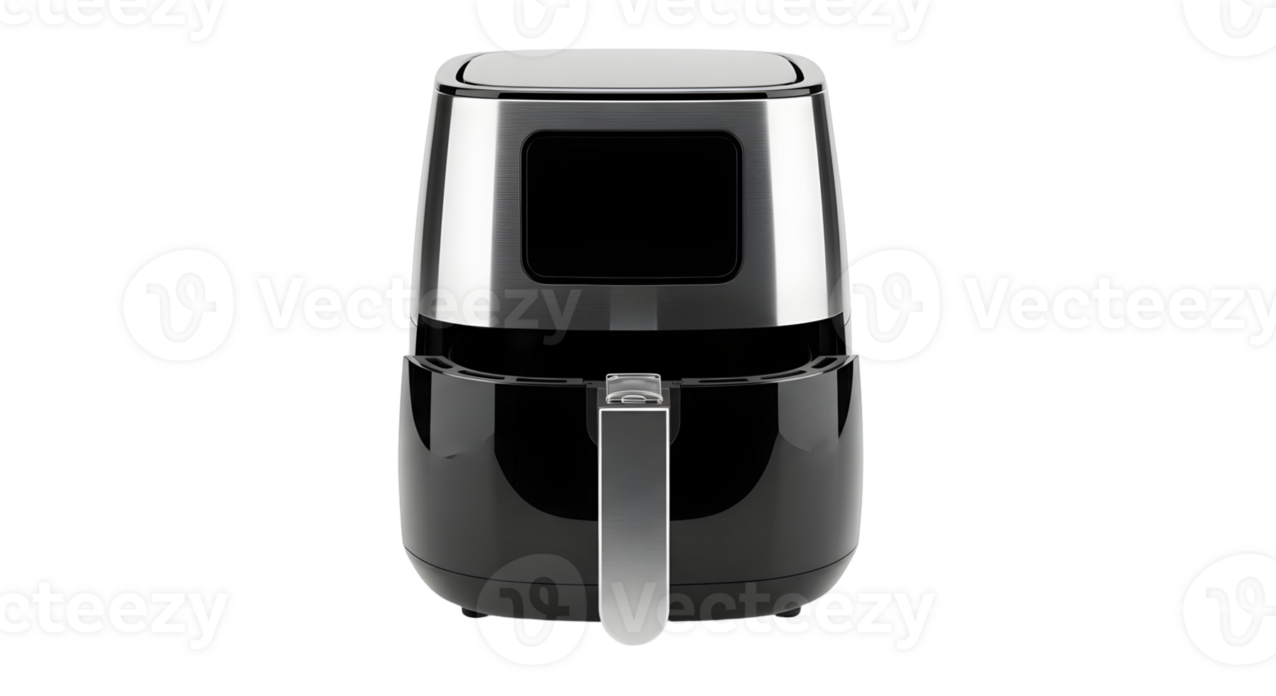 A front view of a black and silver air fryer with a handle on a transparent background png