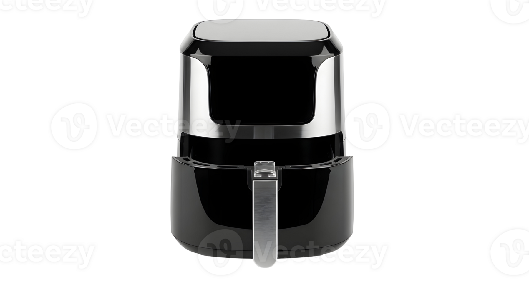 A front view of a black and silver air fryer appliance on a transparent background studio shot png
