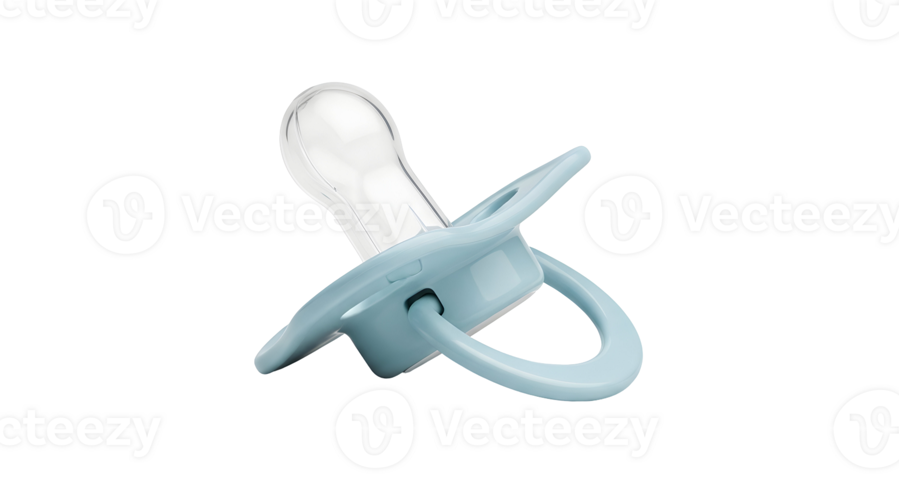 A close up shot of a light blue baby pacifier with a clear nipple on a transparent background png