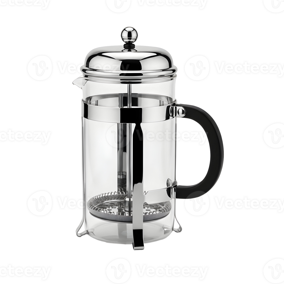 A clear glass french press with a chrome lid and a black handle on a transparent background png
