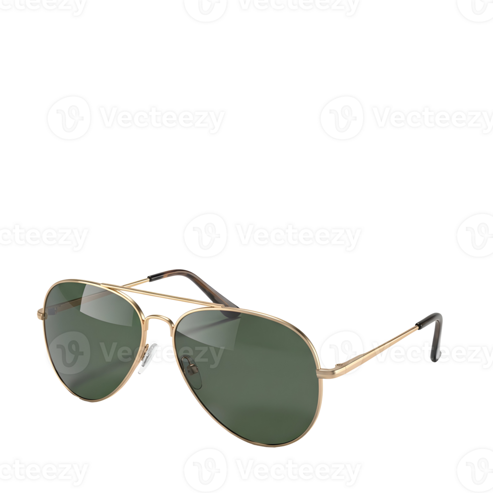 A pair of aviator sunglasses with gold frames and green lenses on a transparent background png