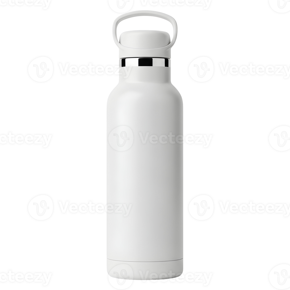 A centered view of a sleek white reusable water bottle with a handle on a transparent background png