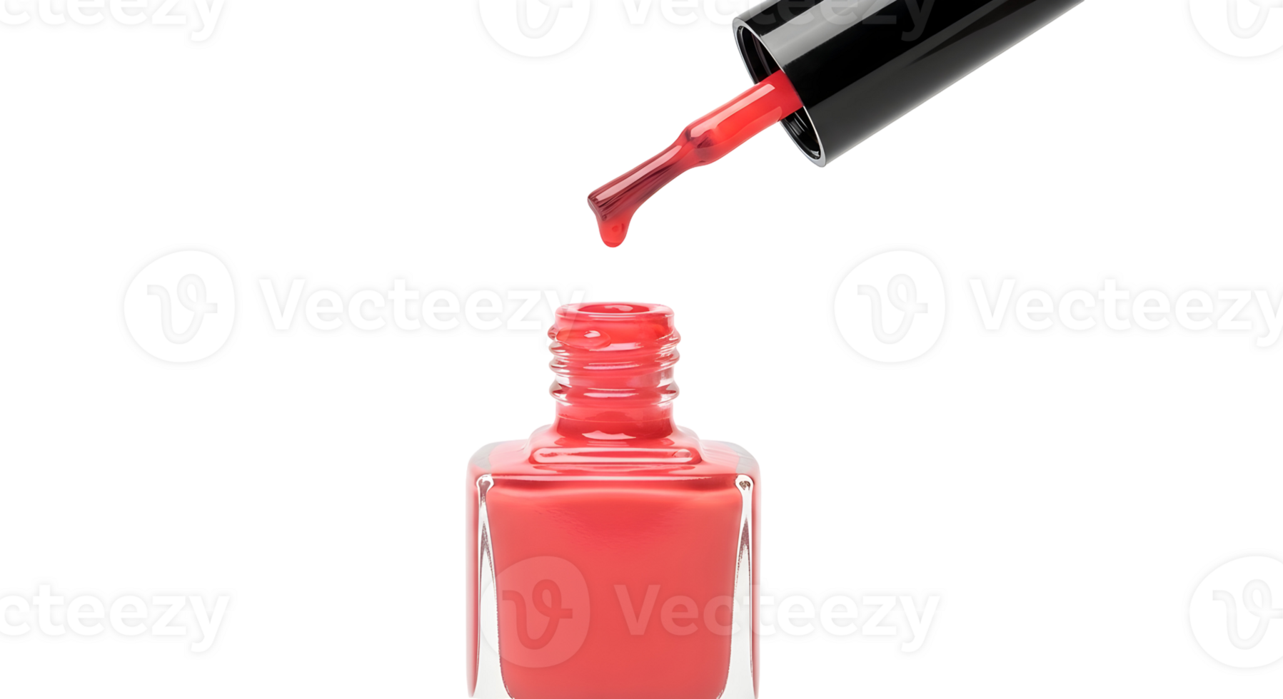 A close up shot of a red nail polish bottle with a drop falling from the applicator brush png