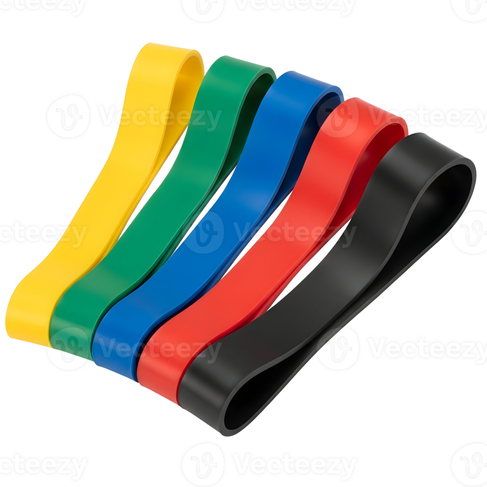 Close up of five colorful resistance bands arranged in a row on a transparent background png